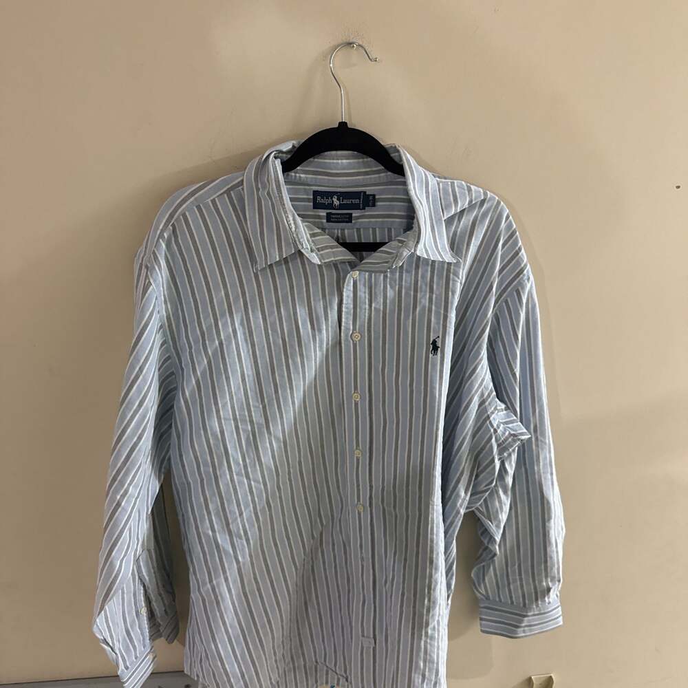 Ralph Lauren Yarmouth Striped Button-Up Shirt Blue White Gray Size 17 35 - Picture 2 of 5